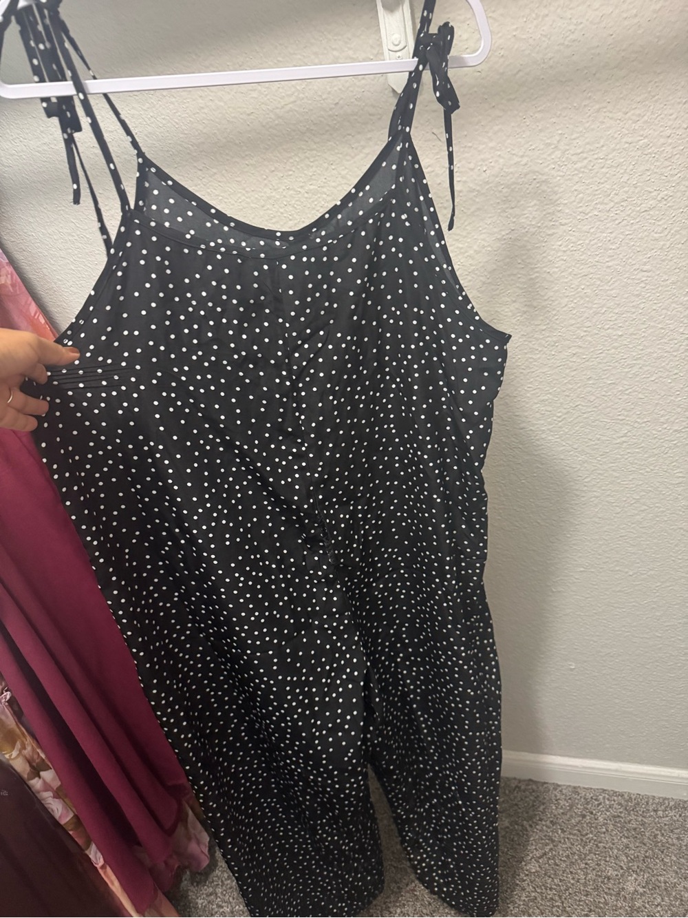 SHEIN Black White Polka Dot Tie-Shoulder Wide-Leg Jumpsuit
